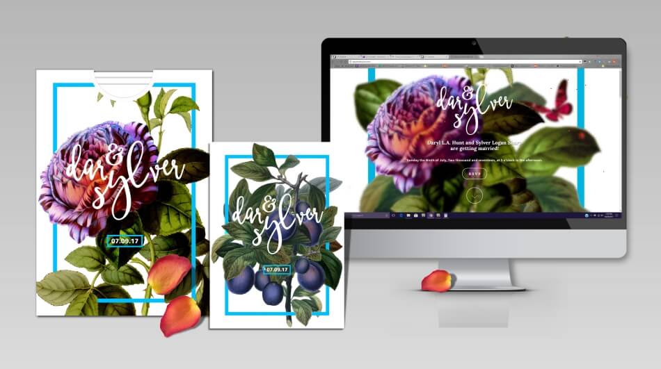 WEDDING INVITATION SUITE:  Invitation and wedding stationary design that included  a website and event signage